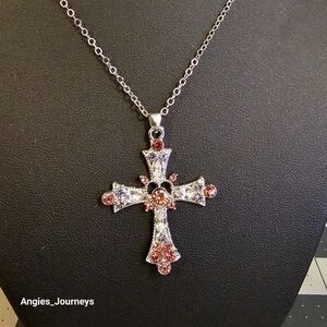 Pink gemstones cross necklace  18" chain 2" extender